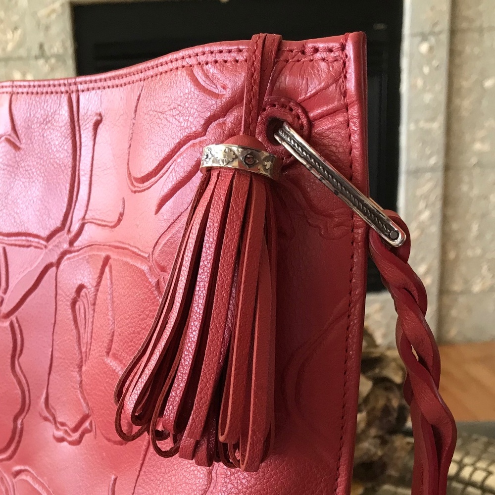 BRIGHTON RED LEATHER EMBOSSED BUTTERFLIES BOHO-CHIC STATEMENT BAG - Picture 4 of 16